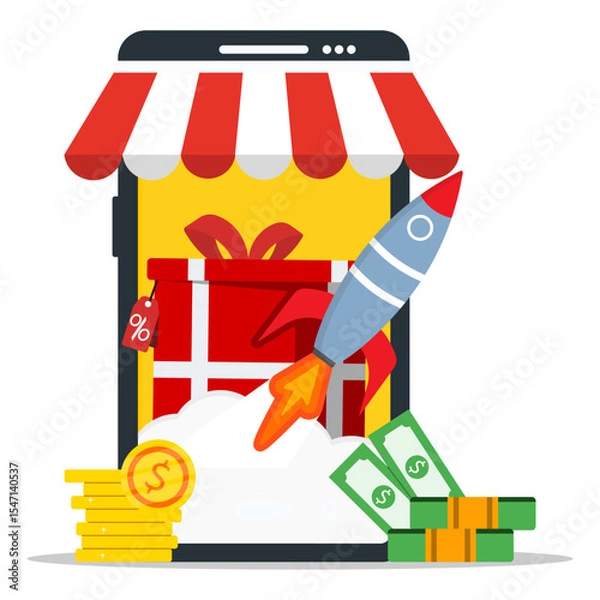 Obraz E-commerce booster strategy concept. Rocket launch from online store and giftbox with percentages tag label on screen.