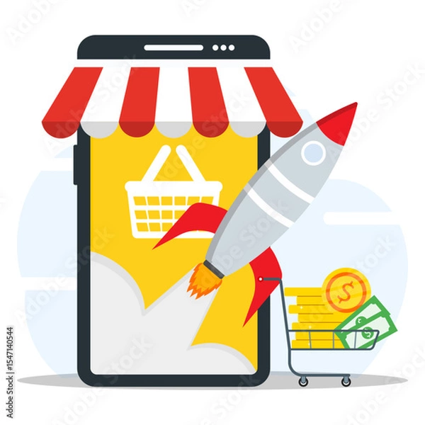 Obraz E-commerce booster strategy concept. Rocket launch from online store with shopping cart filling stack of coins and dollar money. 