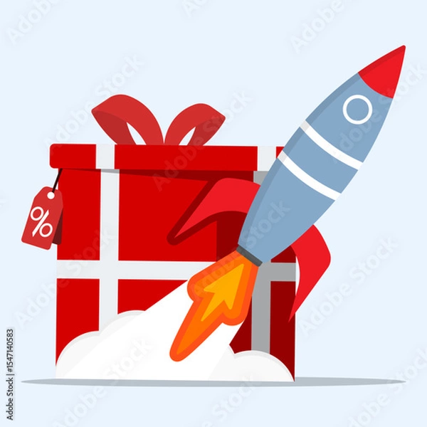 Obraz E-commerce sale booster strategy concept. Rocket launching with giftbox and tags label percentages of price.