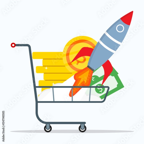 Obraz Sales booster strategy concept. Rocket launch with shopping cart filling stack of coins and dollar money.