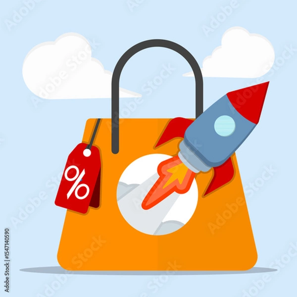 Obraz Rocket launching from shopping bags with percentages tags label. E-commerce sales strategy concept.