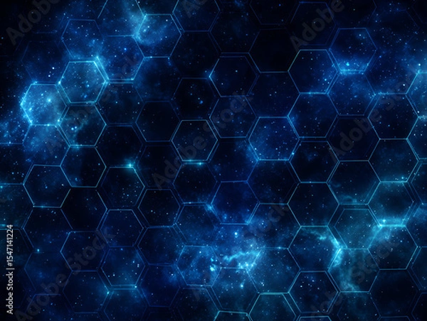 Fototapeta Hexagon Grid Overlay on Deep Blue Galaxy with Glowing Stars