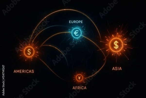 Fototapeta Global Financial Network with Currency Hubs and Data Streams, Futuristic Digital Economy Visualization