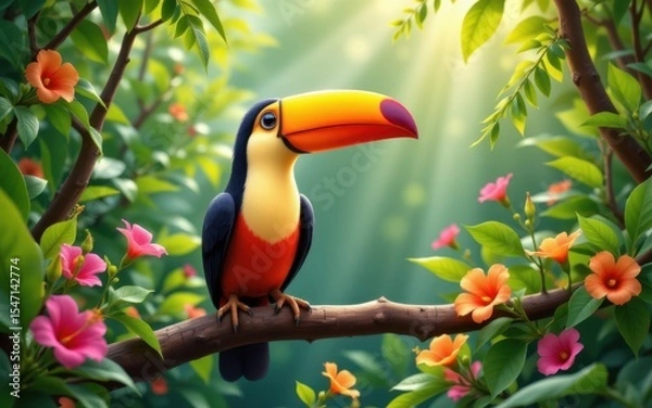 Fototapeta Colorful toucan perched on a branch amidst vibrant flowers in lush greenery.
