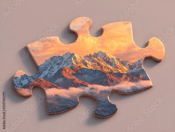 Fototapeta Mountain Range Captured within a Jigsaw Puzzle Piece with Warm Sunset