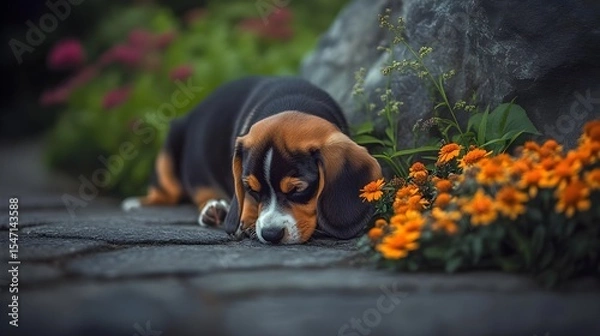 Fototapeta Beagle, Puppy, Dog, Beagle Puppy Sleeping in a Garden