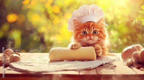 Fototapeta Kitten, Cat, Ginger cat, Adorable Ginger Kitten Chef Baking