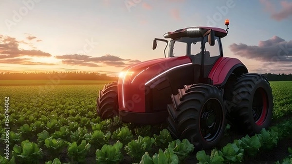 Fototapeta Tractor, Red tractor, Agriculture, Modern Red Tractor in a Green Field at Sunset