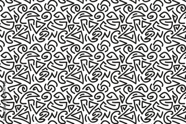 Fototapeta vector seamless pattern Memphis geometric. Monochrome abstract background in retro 80s, 90s style with various shapes: circles, semicircles, dots, zigzags, spirals, wavy lines. Cute doodle design