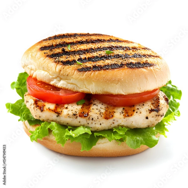 Obraz Grilled chicken sandwich with fresh lettuce and tomato, isolated on white background.