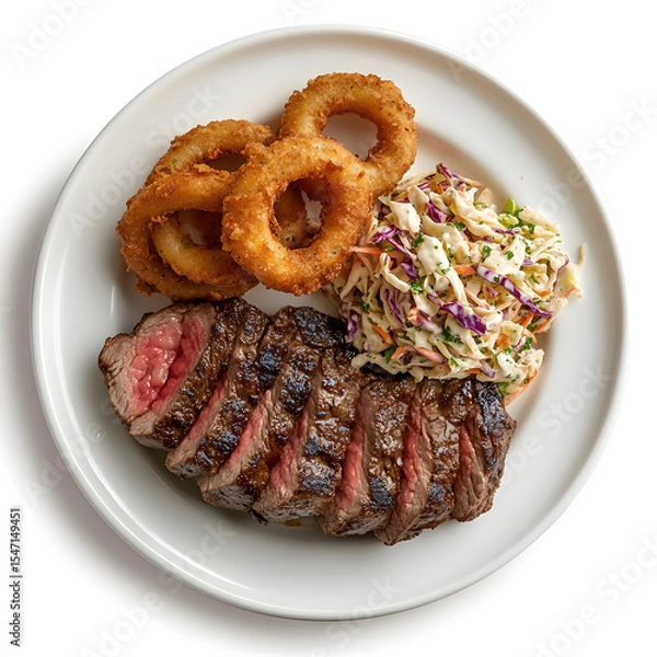 Obraz Grilled steak with crispy onion rings and coleslaw, plated and isolated on white background.