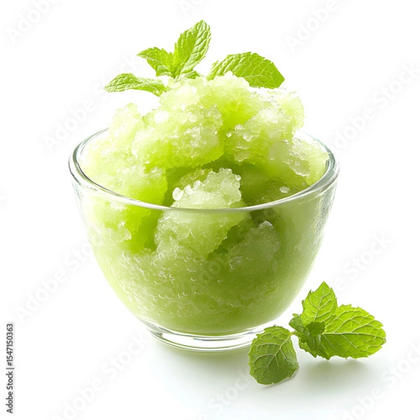 Obraz Honeydew granita made with fresh melon and garnished with mint leaves, isolated on white background.