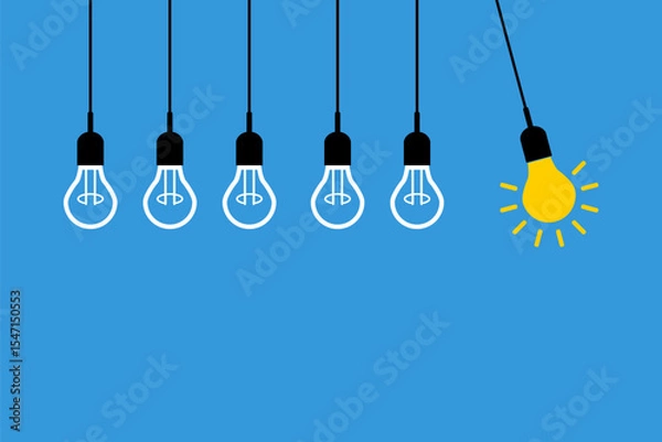 Obraz light bulb pendulum, new idea chain reaction concept, perpetual motion illustration, transfer soft hard skill from leader to team