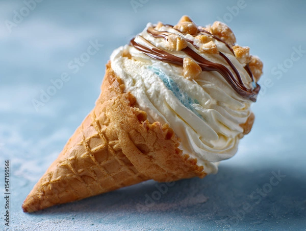 Fototapeta Delicious Ice Cream Cone with Chocolate Sauce and Nut Toppings on Blue