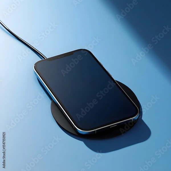 Obraz Sleek wireless charging pad with a smartphone resting on it for a modern tech look, set against a clean blue background.
