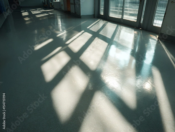 Fototapeta Sunlight Streaming Through Window Creates Shadows on Shiny Indoor Floor