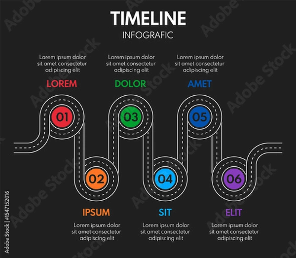 Obraz 6 steps business infographics. Yellow and black road style timeline. Modern presentation or report template.