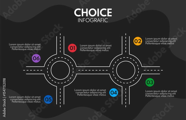 Obraz two roundabout with 6 exits, round crossroad vector infograpjic, white chart on black background