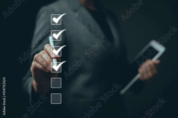 Fototapeta Reviewing and completing online survey forms document management system Assessment form, questionnaire, checklist and clipboard management Quality control..