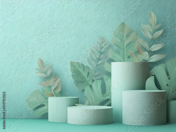 Fototapeta Mint Green Product Display with Tropical Leaves Minimalist Presentation Scene