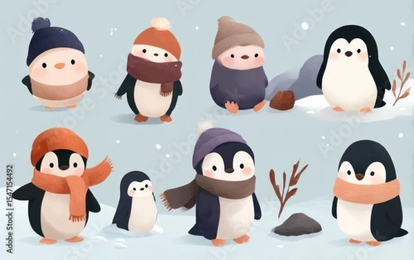 Fototapeta Cute penguin illustrations in winter attire