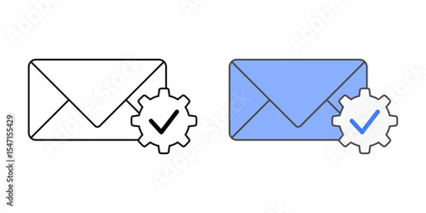 Fototapeta Email setup process icon with envelope, gear, and check mark, in outline and color styles, ideal for illustrating new hire email configuration, IT onboarding, and secure messaging setup.