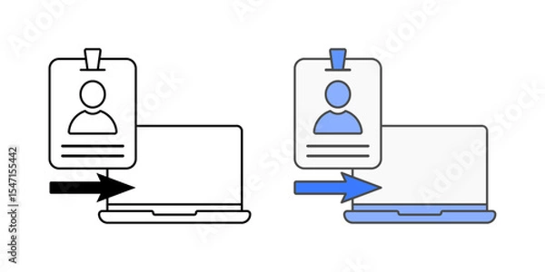 Fototapeta ID badge and device handover icon with ID card, laptop, and arrow, in outline and color styles, perfect for illustrating employee equipment distribution, onboarding logistics, and IT asset assignment.