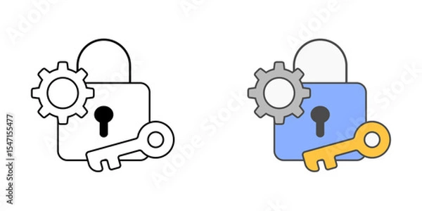 Obraz Password setup icon with lock, key, and gear, in outline and color styles, ideal for illustrating new account security, IT onboarding, and credential configuration in employee access systems.