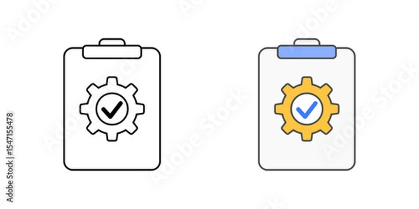 Fototapeta IT welcome checklist icon with clipboard, check marks, and gear, in outline and color styles, perfect for illustrating new hire setup tasks, IT onboarding procedures, and employee tech readiness.