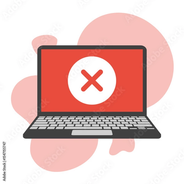 Obraz laptop display with red fatal error message, broken operation system or software flat vector illustration