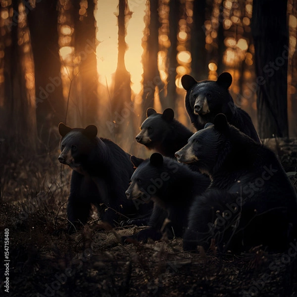 Fototapeta Black bear family walking towards the camera in the forest with setting sun. Group of wild animals in nature.