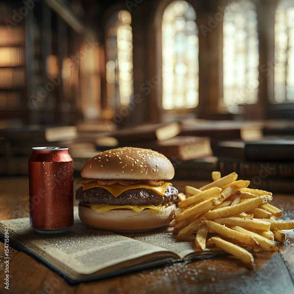 Fototapeta Juicy hamburger, crispy fries, and soda can placed close to the camera on a wooden table, surrounded by books and papers inside a vast library archive, blending fast food with scholarly elegance.