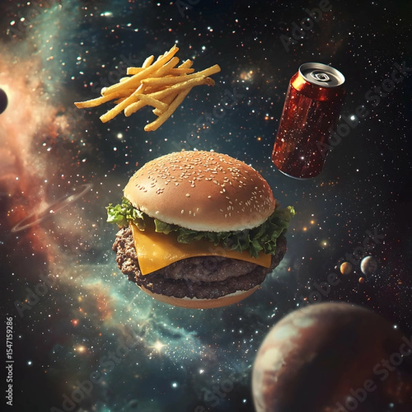 Fototapeta Delicious fast food—hamburger, fries, and soda can—drifting in zero gravity against a cosmic backdrop of glowing stars and nebulae, surreal space food concept, perfect for stock photography.