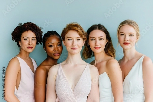 Fototapeta Diverse Group of Bridesmaids in Elegant Dresses Posing Against a Light Blue Background