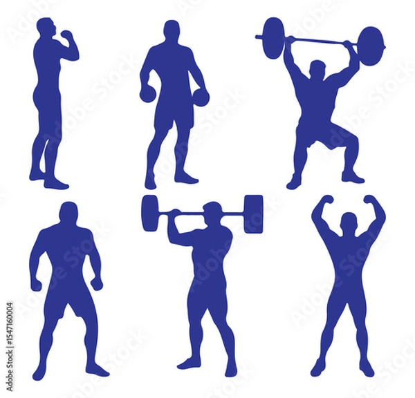Obraz Body Building, Weight Lifting, Exercise, Gym Silhouettes. Weightlifting blue silhouettes isolated on white background. Vector illustrator