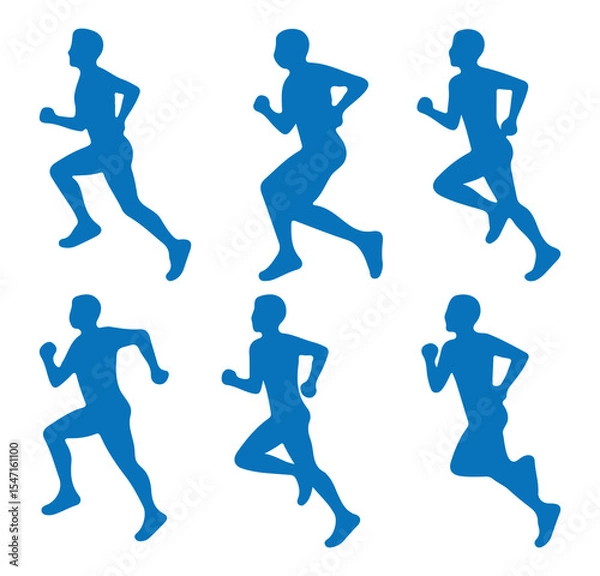 Obraz Runner silhouettes collections. Silhouette of man athletes running in motion, dynamic jogging sequence, fitness concept, human movement, marathon training symbol set in blue color. Running men vector.