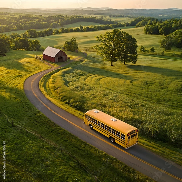 Fototapeta Aerial view of a classic yellow school bus traveling on a country road near a rustic red barn, surrounded by open fields in warm summer light, nostalgic rural transportation concept.