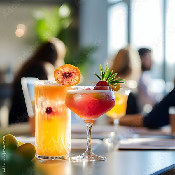 Fototapeta Vibrant summer cocktails garnished with tropical fruits on a table in a business room, with blurred coworkers brainstorming and planning in the background, blending refreshment and professionalism.