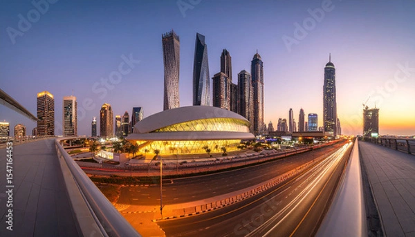 Obraz Wide angle view of Museum of the Future and Dubai skyline from Sheikh Zayed Road, UAE