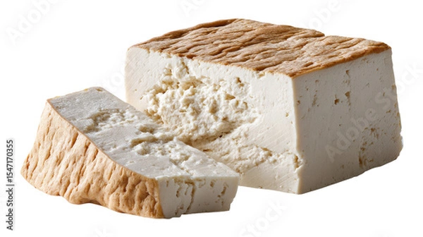 Fototapeta Soft tofu block isolated on transparent background with piece cut showing texture