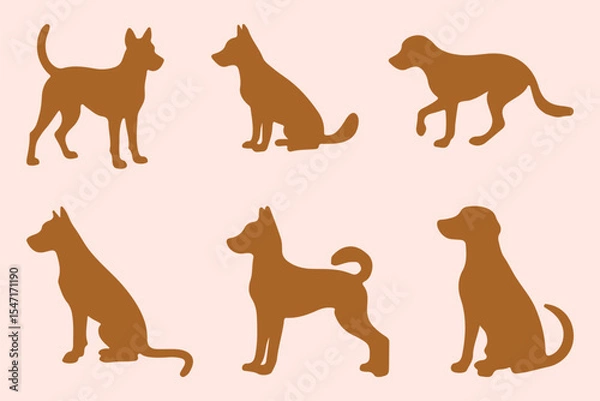 Obraz Dog silhouettes. A collection of dog silhouettes in various poses and breeds. Brown puppy or pet animal shadow symbol silhouettes set. 