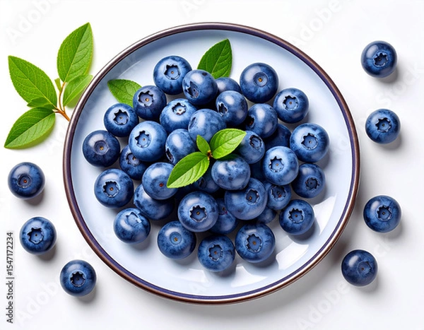 Fototapeta Fresh Blueberries Scattered on Plate Isolated on White Background – Top View Food Image

