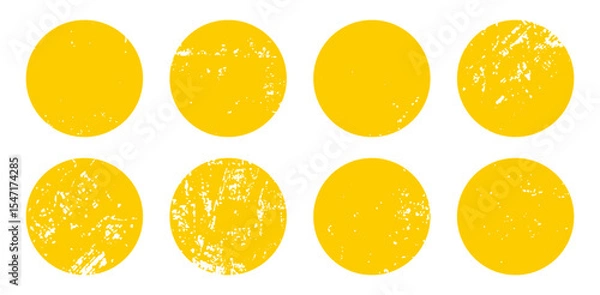 Fototapeta Sun brush stamp set of yellow round vector shapes. Grunge paint stroke, rough badge design, summer watercolor texture. Logo or emblem stamps, ink spots, smears isolated on transparent bg