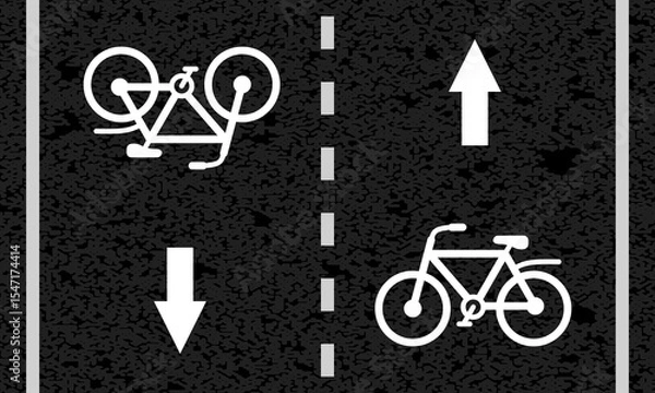 Obraz two way bicycle road markings, city street symbols, white bike path painted asphalt, safe moving lane, arrows direction sign