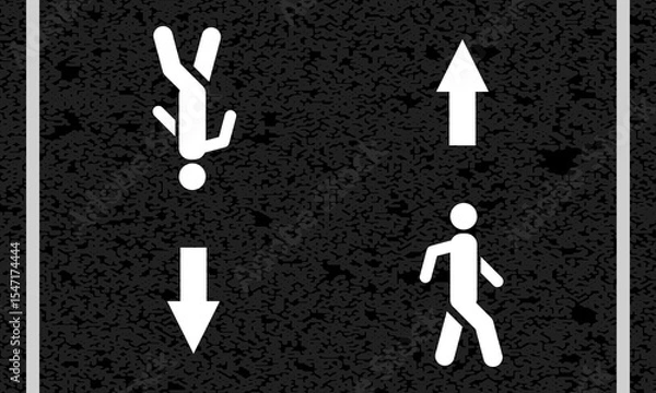 Obraz two way pedestrian road markings, city street symbols, white walking man path painted asphalt, safe moving lane, arrows direction sign