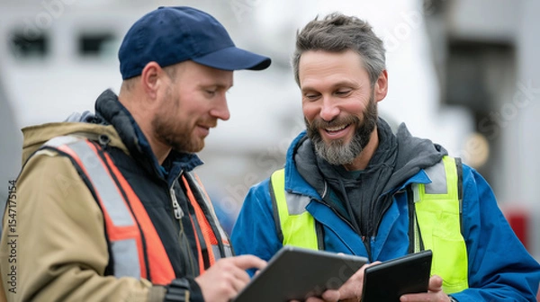 Fototapeta Captain and dock manager reviewing cargo manifests on digital tablets