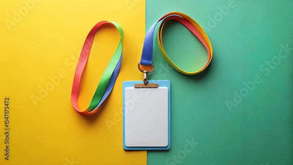 Obraz Colorful ID Badge with Lanyard on Yellow and Green Background