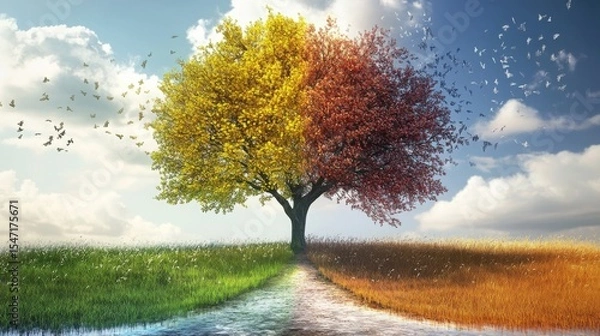 Fototapeta Colorful tree symbolizing the transition of seasons with vibrant leaves and a clear sky in the background