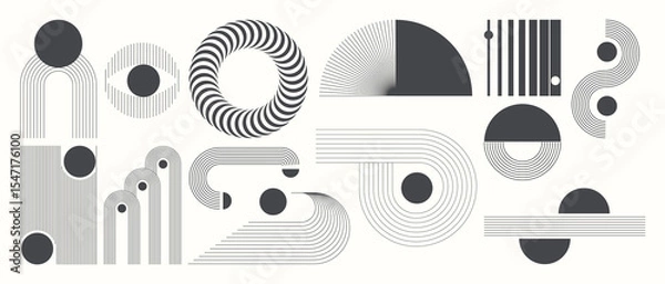 Fototapeta Abstract minimal element mid century vector set. Aesthetic contemporary stripe line art, geometric shape in monochrome. Art form design for wall art, decoration, wallpaper.