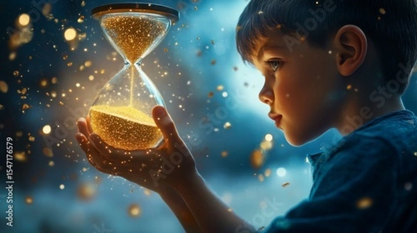 Fototapeta Child holding hourglass while surrounded by sparkling dust in a magical, dreamlike setting at dusk